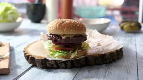 Delicious Burger Piled High with Toppings