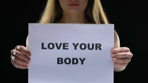 Female Holding Love Your Body Sign, Acceptation of Own Appearance, Stop Shaming