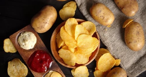 Potato Chips With Dips Overhead Shot