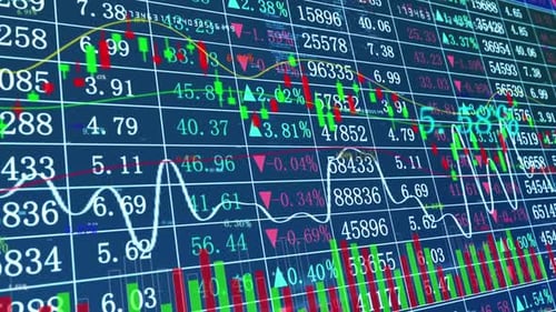 Animated Stock Market Display with Digital Financial Data and Charts