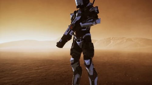 Futuristic Soldier in Desert at Sandstorm