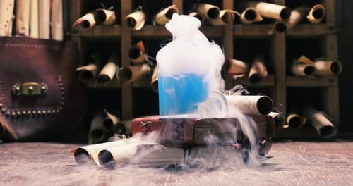 Mystical Potion Bubbling Atop Stack of Ancient Books