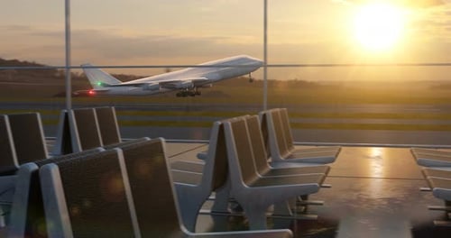 Flugzeug startet gegen den Himmel bei Sonnenuntergang durch Fenster der Abflughalle
