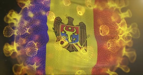 Moldova Flag With Coronavirus Microbe Centered