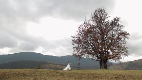 Lovely Newlyweds Bride Groom Dancing on Mountain Autumn Slope in Slow Motion Wedding Couple Family