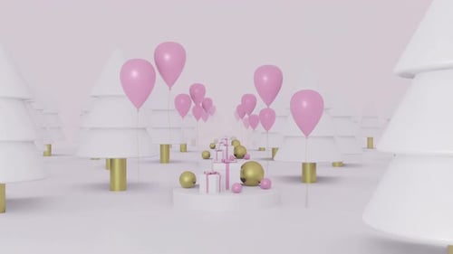 Minimalist Christmas Scene with Pink Balloons and Gifts