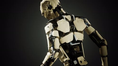 Futuristic Humanoid Robot Standing Against a Dark Background