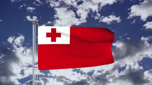 Waving Tonga Flag Against Cloudy Blue Sky Animation