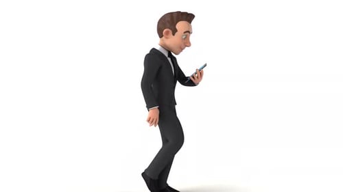 3D Cartoon Businessman Walking and Using Smartphone