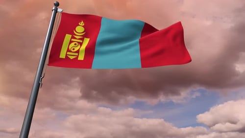 Waving Flag of Mongolia Against a Cloudy Sky