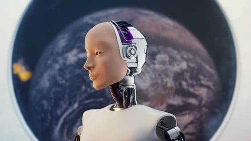 AI Robot Head Reveals Eyes with Rotating Earth Background