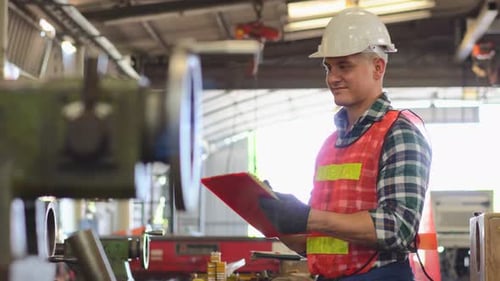 Engineer foreman with repair checklist working repair on machine at the factory
