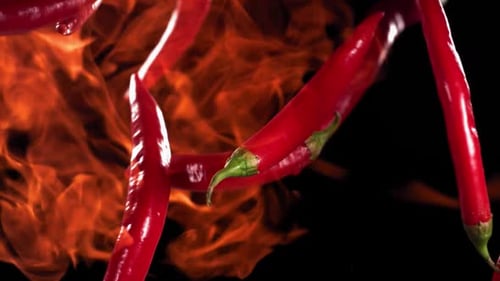 Red Chili Peppers with Flames on Black Background