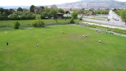Soccer Game on a Green Field, Aerial View
