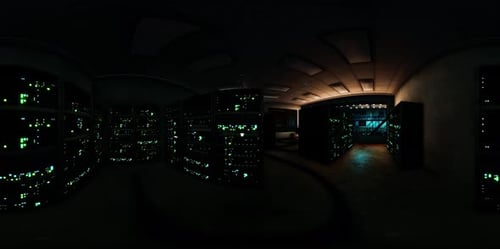 VR360 Futuristisches dunkles Rechenzentrum mit Metall und Lichtern