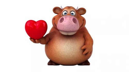 Animated 3D Cartoon Cow Character Holding Heart and Pointing Up