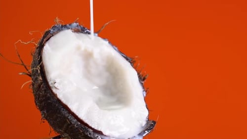 Drops of coconuts oil over red background, dripping coconut water, coconut milk pouring. Making