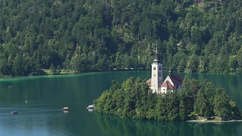Small Island With Buildings on Bled Lake in Slovenia, Amazing Landscape, Tourism