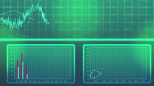 Futuristic Digital HUD Display with Corporate Financial Data Graphs