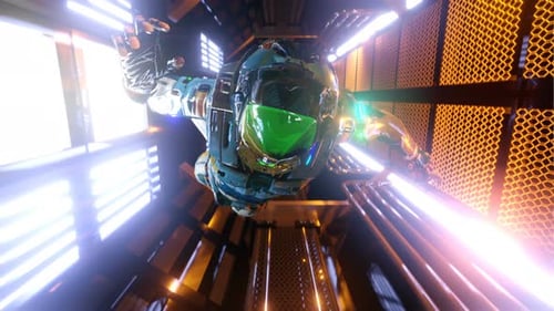 Futuristic Sci-Fi Robot Flying in High-Tech Space Tunnel