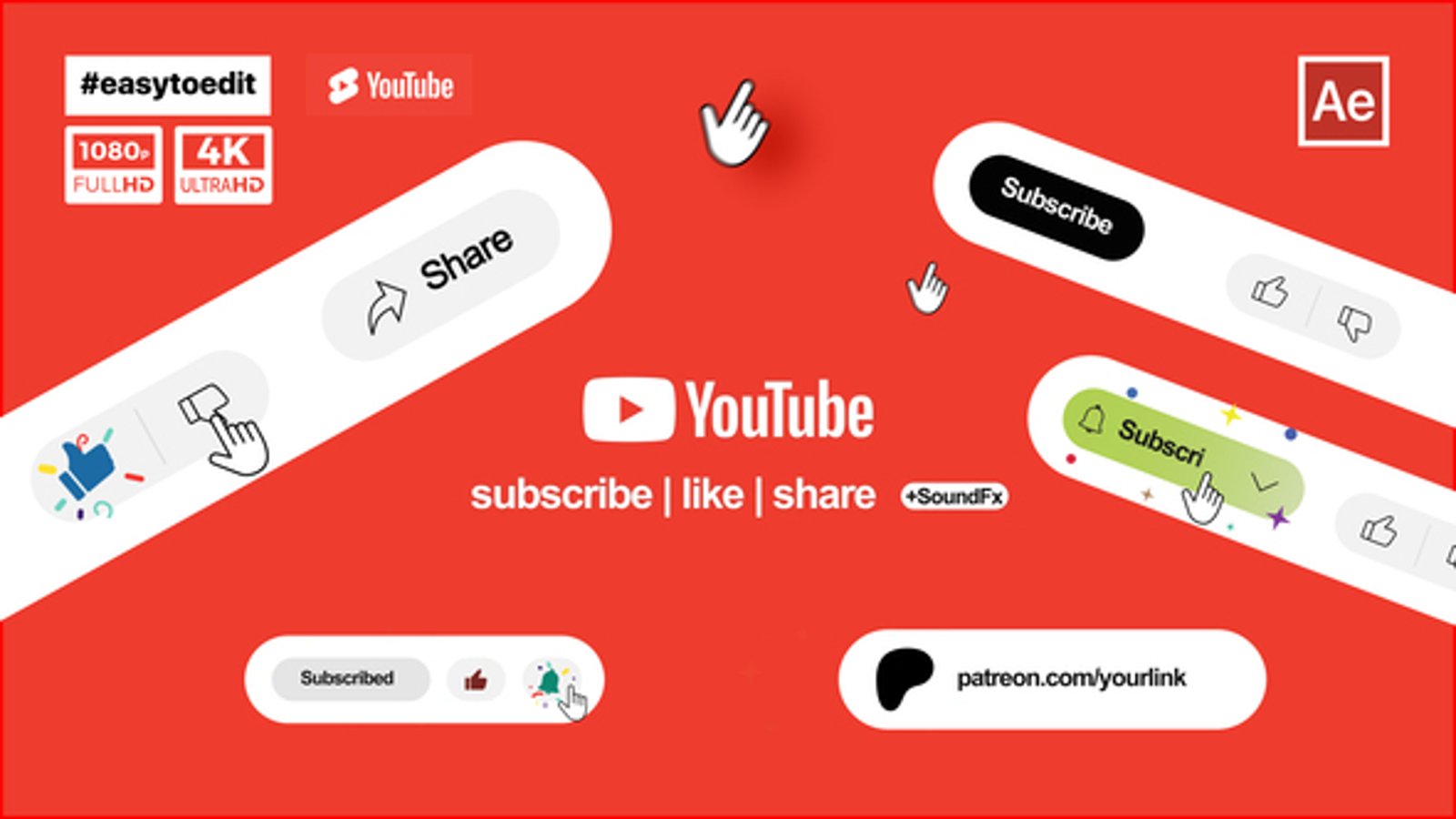 Animated YouTube Subscribe Like and Share Buttons, Elements ft. like ...