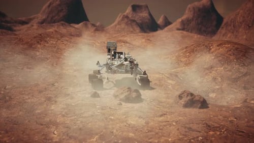 Vehicles on the ground of Mars examining rocks