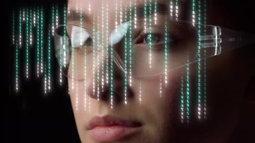 Gafas de matriz digital con pantalla holográfica, números de columna, dispositivo futurista, primer plano