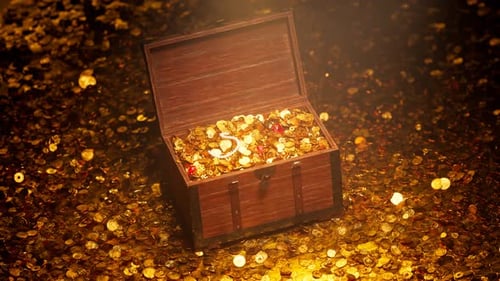 Le vieux coffre rempli d'or, de bijoux et de diamants. Chasse au trésor. Coffre. Richesse