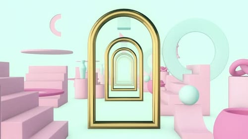 Infinite Golden Archway Tunnel with Abstract Geometric Shapes