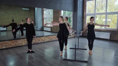 Ballet Dancers Practicing at Barre in Dance Studio