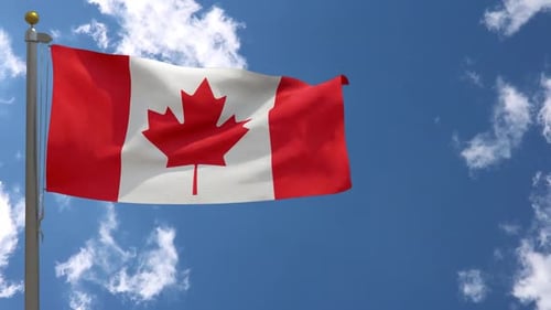 Waving Realistic Canadian Flag Against Blue Sky