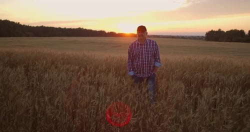Senior Adult Farmer Walks in a Field of Wheat in a Cap at Sunset Passing His Hand Over the Golden