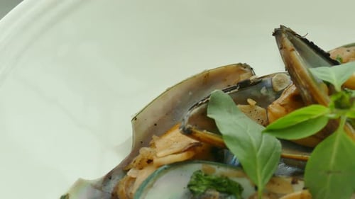 Mussels with Basil on a Plate