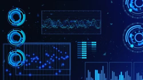 Advanced futuristic graphic interface. Displays abstract diagrams and charts.