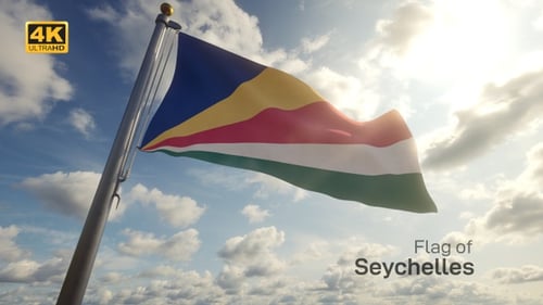 Seychelles Flag Waving in Realistic Cloudy Sky with Sunlight