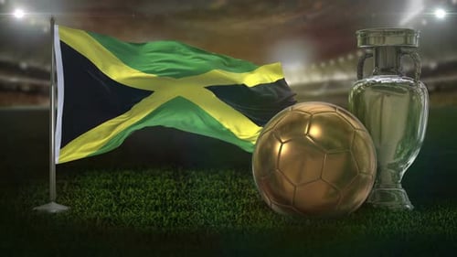 Jamaica Flag Waving with Soccer Ball and Trophy in Stadium