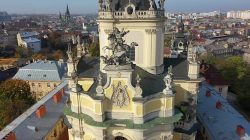 Aerial Video of Saint Yura Church in Central Part of Old City of Lviv, Ukraine