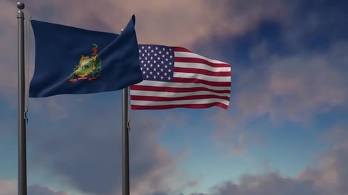 Vermont State and United States Flags Waving in Wind