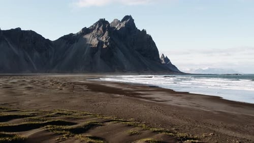 Drone Rising Above Tide And Beach With View Of Vestrahorn