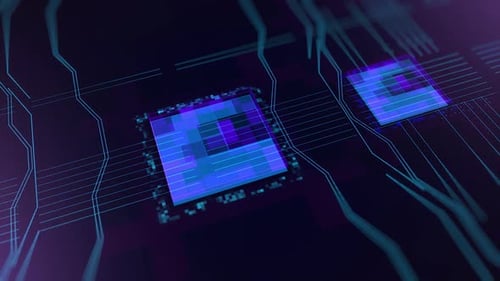 Blauer technologischer Hintergrund, Leiterplatte und Code auf dunkelblauem Hintergrund