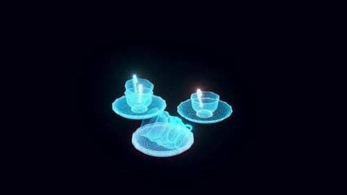 Holographic Tea Cups Wireframe Digital Futuristic Animation