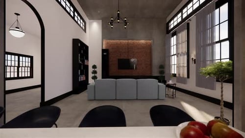 3d rendering animation timelapse.Interior house modern open living space with kitchen