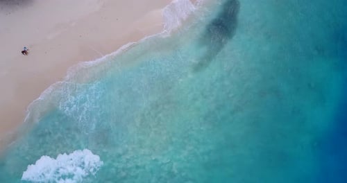 Beautiful aerial island view of a sandy white paradise beach and turquoise sea background