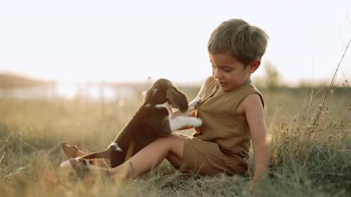 Boy Cuddles Puppy in Golden Grassy Field