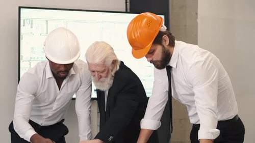 Colleagues Collaborate Over Construction Plans in Bright Office