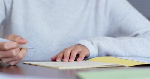 Woman Writing in Notebook at Desk Indoors