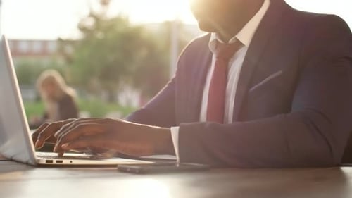 Professional Working on Laptop in City Sunlight