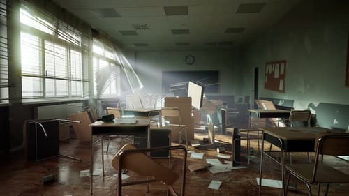 Demolished classroom with overturned desks and chairs. Damaged teaching class.