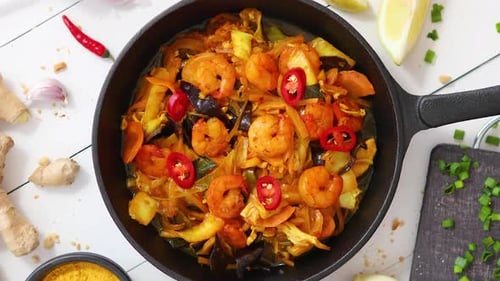 Delicious Shrimp Stir-Fry with Fresh Vegetables Overhead