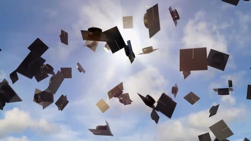 Academic Graduation Caps Throwing in the Sky Background, University Graduation